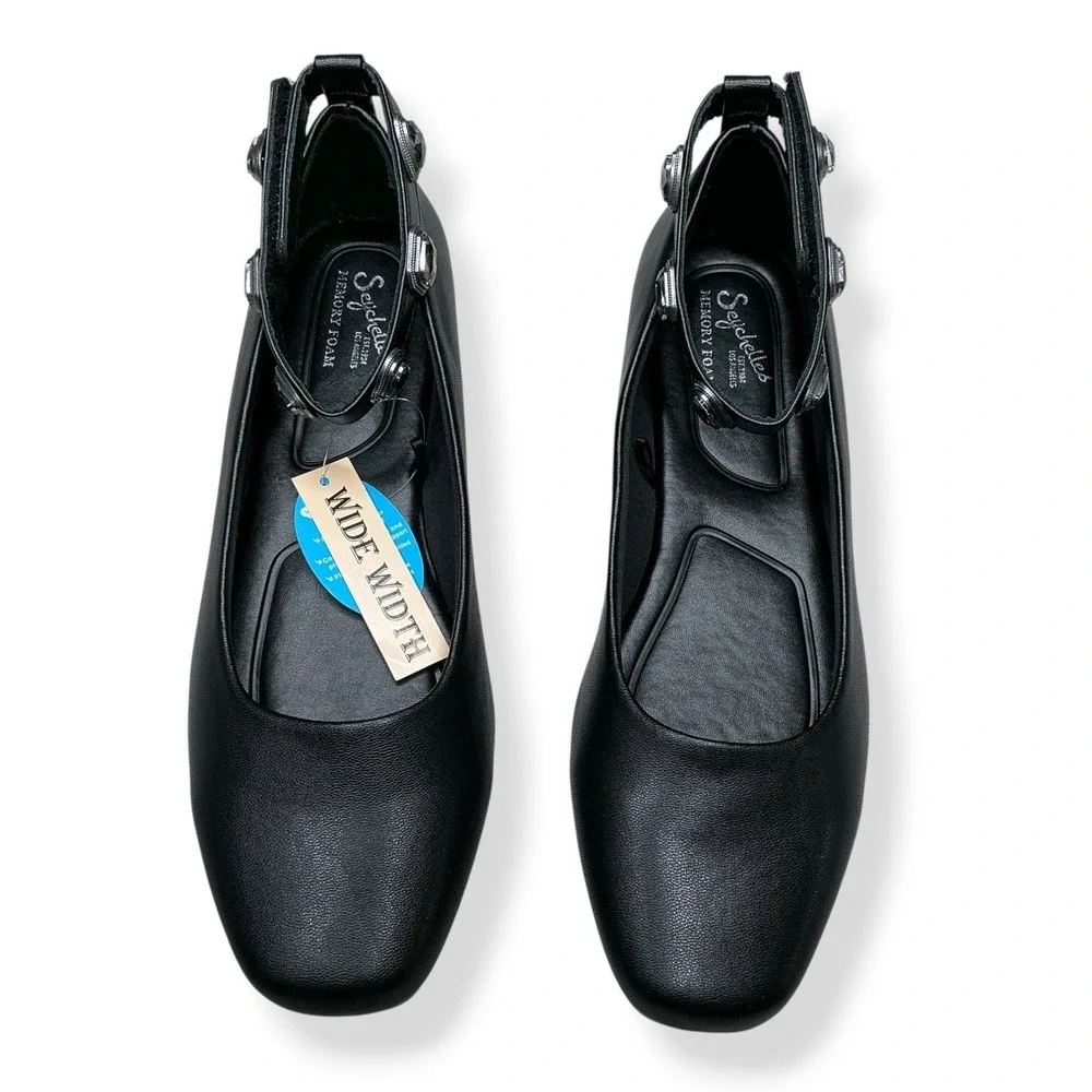 Seychelles Shoes Women 10W Black Ballet Flats Square Toe Diamond Wides NWT
